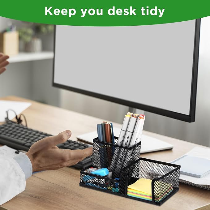 Lemecima 6 Pieces Pen Holder for Desk Mesh Metal Pencil Holders Pen Cup Marker Desk Caddy with Sticky Notes Organizer for Office Supplies Workspace School Home Black