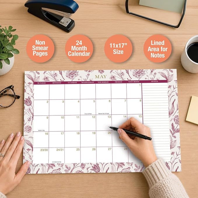 Current 2027-2028 Desk Calendar | Toile Floral, 11” x 16.25”, Large, 2024-Month, 12 page Designs, Self-Stick Magnet Strips