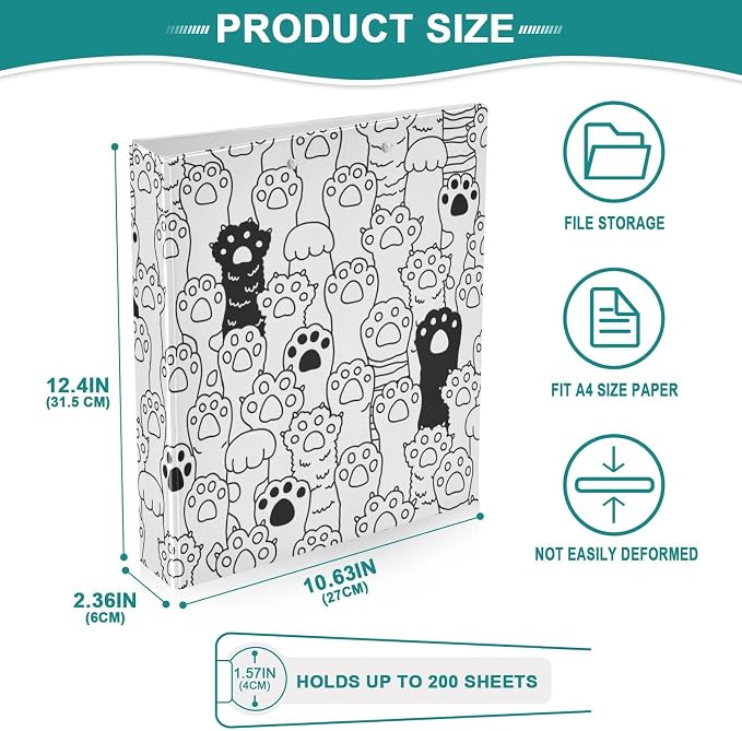 3 Ring Binder 1.5 Inch Dog Cat Paws Clipboards Binders with Interior Pockets Round Ring Binder for Office Supplies and School