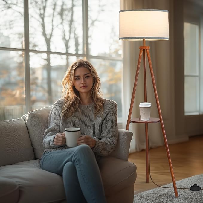 EOEYYOYB Floor Lamps for Living Room, Modern Standing Lamp with Shelf, 3 Color Temperature Led Bulb Tall Lamps with Foot Switch for Bedroom and Office, Walnut