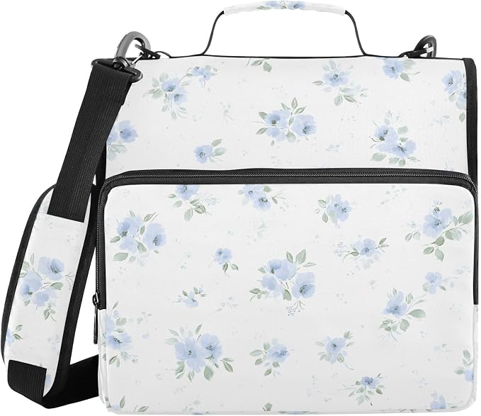 3 D-Ring Zipper Binder Bag, Blue Small Floral Pattern White Removable Binder with Zipper Case Hold 700+ Sheets& 13 Inch Laptop for School Office Supplies Organizer
