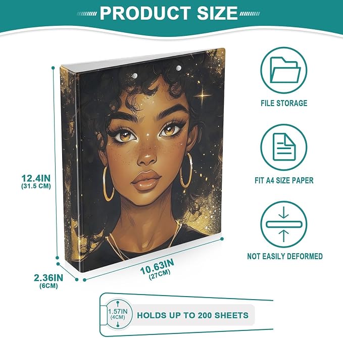 Black Girl 3 Ring Binder 1.5 Inch 2 Pack with 200 Sheet for Kids School Supplies Women Men Office