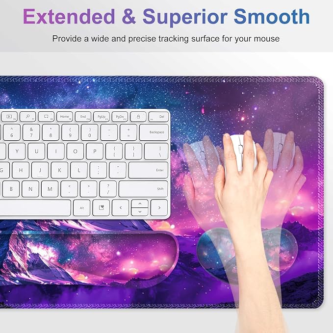 Large Gaming Mouse Pad Set, Purple 4 in1 Ergonomics Keyboard Desk Mat with Memory Foam Wrist Rest, Extended Game Mousepad, Non-Slip Desk Pad Matt Easy Typing Pain Relief I Galaxy Mountain