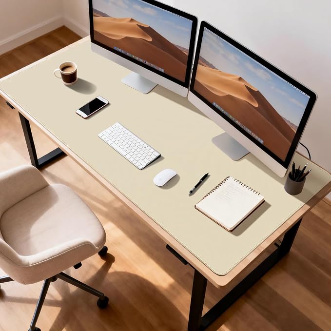 Leather Desk Pad Protector, Office Desk Mat, Large Mouse Pad, Non-Slip PU Leather Desk Blotter, Waterproof Computer Desk Writing Pad for Office and Home (Beige, 47.2" x 23.6")