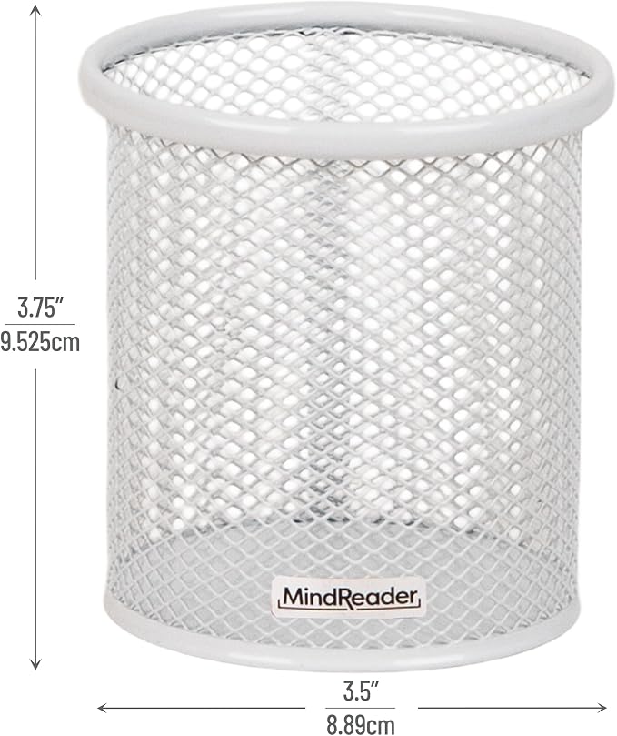 Mind Reader Pen and Accessories Holder, Desktop Organizer, Office, Metal Mesh, 3.5"L x 3.5"W x 3.75"H, Set of 3, White