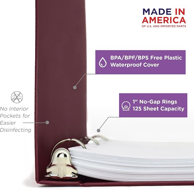 Carstens 1-Inch Heavy Duty 3-Ring Binder - Side Opening, Wine, Durable Plastic, Precision No-Gap Rings, Waterproof Cover, No Pockets, Holds 125 US Letter Sheets, BPA-Free, Made in USA (8703-3R)