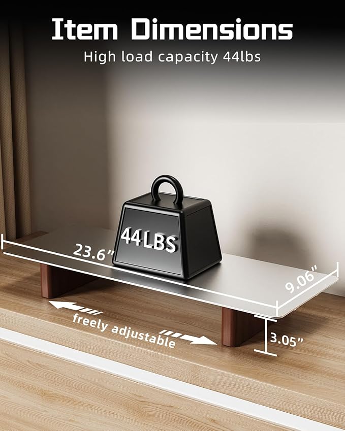 Aluminum Monitor Stand Riser, Ergonomic Desktop Shelf with Wooden Legs - 23.6” Wide Heavy Duty Computer Stand for Home Office, Universal Desktop Monitor Riser for PC, iMac, MacBook, Laptop