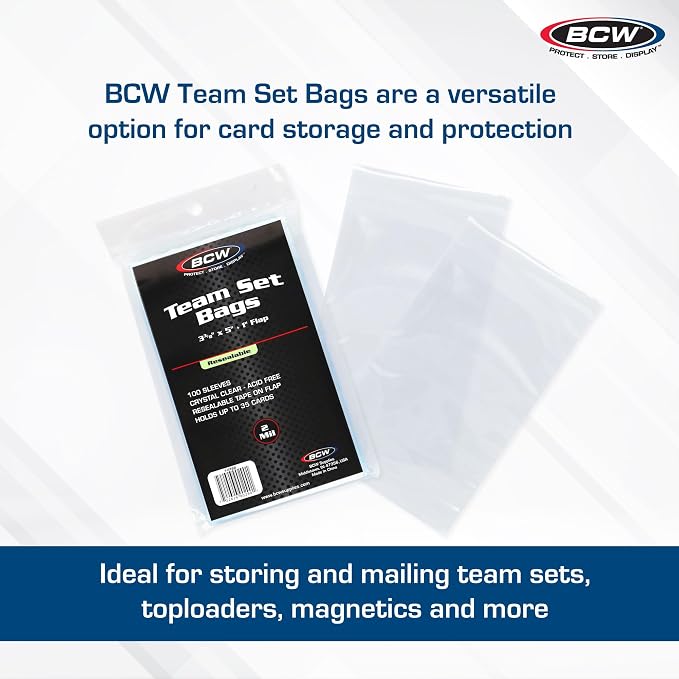 BCW Resealable Team Set Bags for Trading Cards, 400 Count | Holds up to 35 loose cards, 5 standard 35 pt toploaders, or magnetics up to 108 pt with an adhesive flap closure.