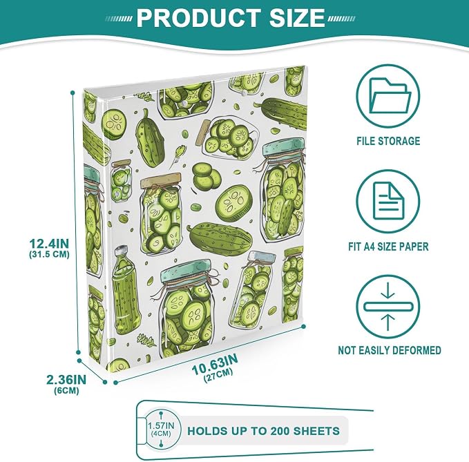 Cucumbers and Pickles Pattern 3 Round Ring Binders | 1.5 Inch Binder with Clipboard, PVC Pockets, Work Organizer, Holds 200 Sheets for School Office 1 Pack