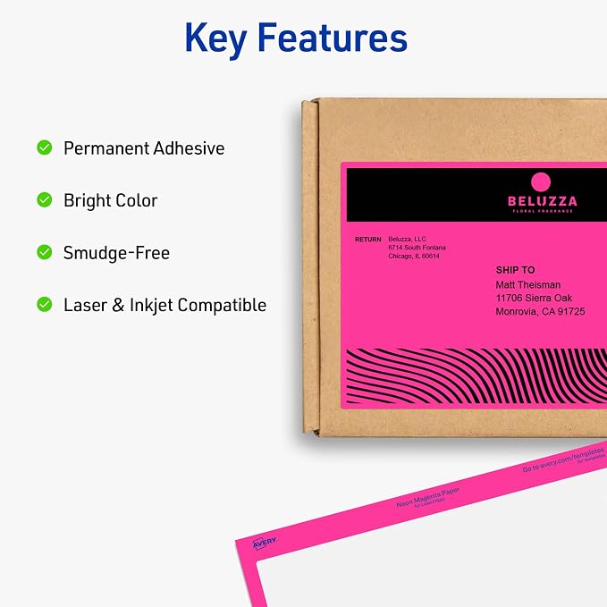 Avery Printable Shipping Labels, 5-1/2" x 8-1/2", Neon Magenta, Laser & Inkjet Compatible, 200 Blank Labels Total, Great for Branding, Mailing, Organizing, and More (5948)