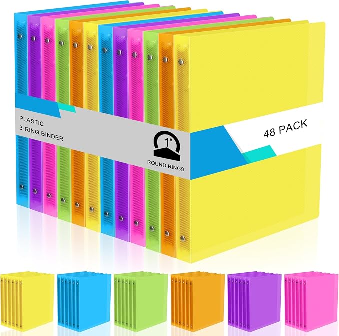 Fulmoon 48 Pack 3 Ring Plastic Binders 1 Inch Bulk with 2 Pockets, Flexible Binder Loose Leaf Hardcover, Fit 12" x 10" US Letter Size Paper, for School Office Home, 6 Colors (Bright)