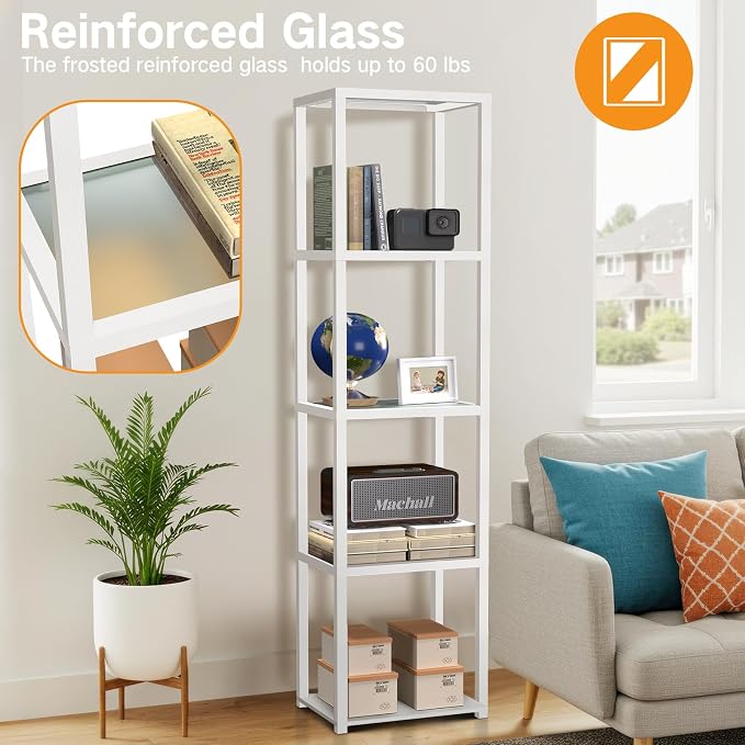 OUTON 67" Glass Display Shelf with Dimmable LED Floor Lamp, Collectibles Display Cabinet with Remote & App Control, 5 Tier Open Bookshelf Lamp for Living Room, Bedroom, Office, Home Decor, White