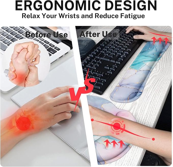 Keyboard Mouse Pad Set, 4 in 1 Desk Mat Set, Liquid Marbling | Blue Purple Large Mousepad+Keyboard Wrist Rest+Mouse Wrist Rest+Coaster Ergonomic Design for Home Office Computer