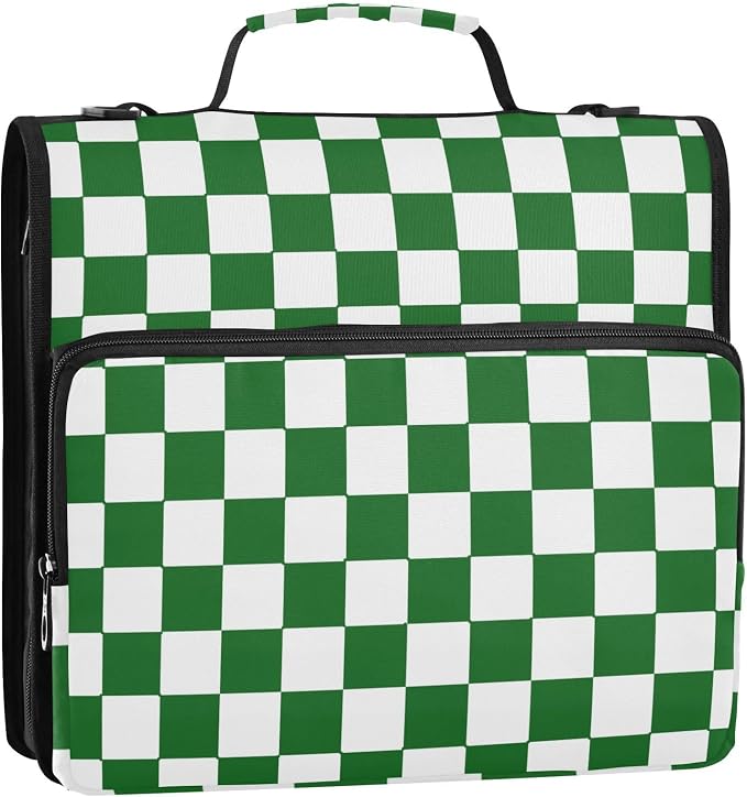 Dark Green White Checkered 3 Ring Zipper Binder with Handle 1.5 inch Binder Organizer, Multi Pockets Office File Folder with Shoulder Strap 500 Sheet Capacity