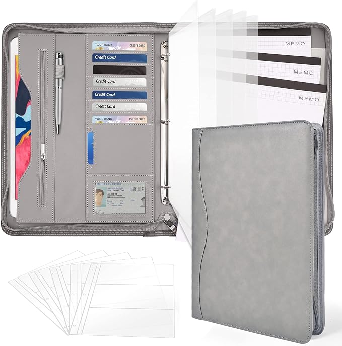 3-Ring Padfolio Portfolio Binder Organizer,PU Leather Folder Binder Business Planner Notebook Zippered Portfolio for Women/Men with Document Sleeve,Letter/A4 Size Clipboard