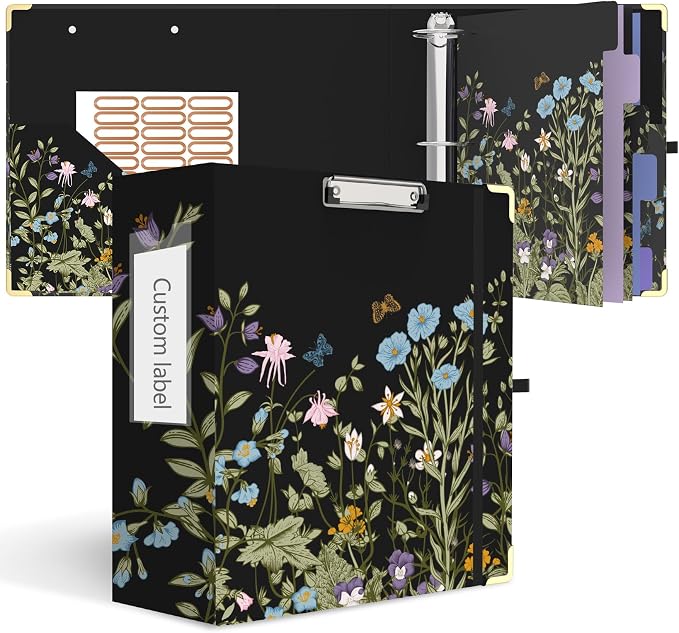 3 Ring Binder 3 Inch Ring, 2 Interior Pockets, 5 Tab Dividers, Low Profile Clipboard with Storage, Floral Cute Binder and Labels Stickers for School Office-Blue Florals-Wild Flower