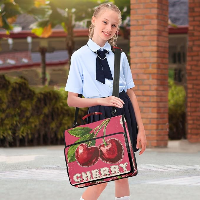 Red Cherry Print 3 Ring Binder Bag 1.5 inch Binder Organizer with Zipper Shoulder Strap 500 Sheet Documents Storage for School Office