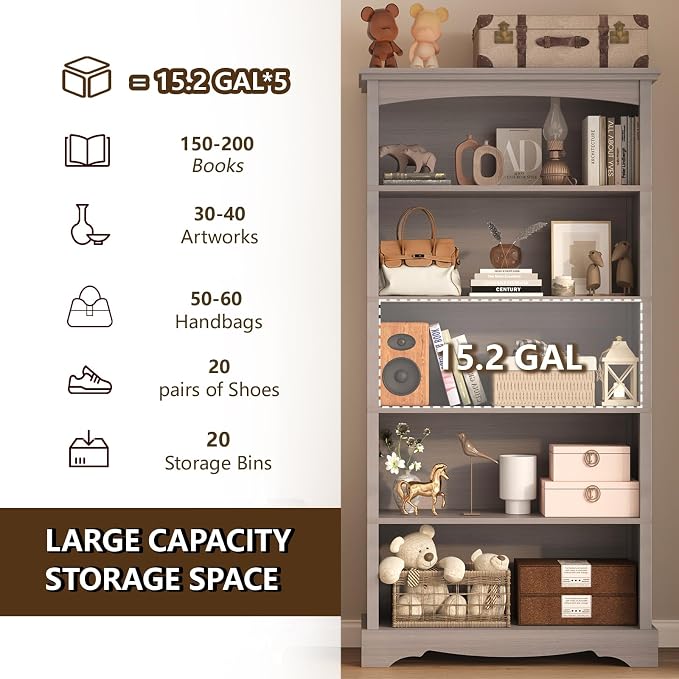 TVU 5-Tier Wooden Bookshelf, 65 Inch Tall Bookshelf with Storage, Floor Standing Modern Style Display Bookcase for Living Room, Office, Study Room, Entryway, Grey