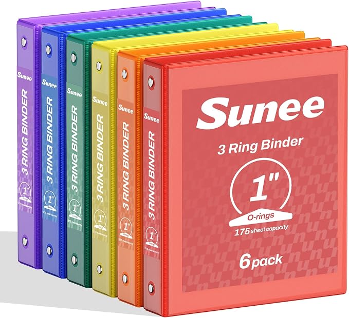 SUNEE 1 Inch Binders 3 Ring 6 Pack, Clear View Three Ring Binders PVC-Free (Fit 8.5x11 Inches) for School Binder or Office Binder Supplies, Classic 6 Colors