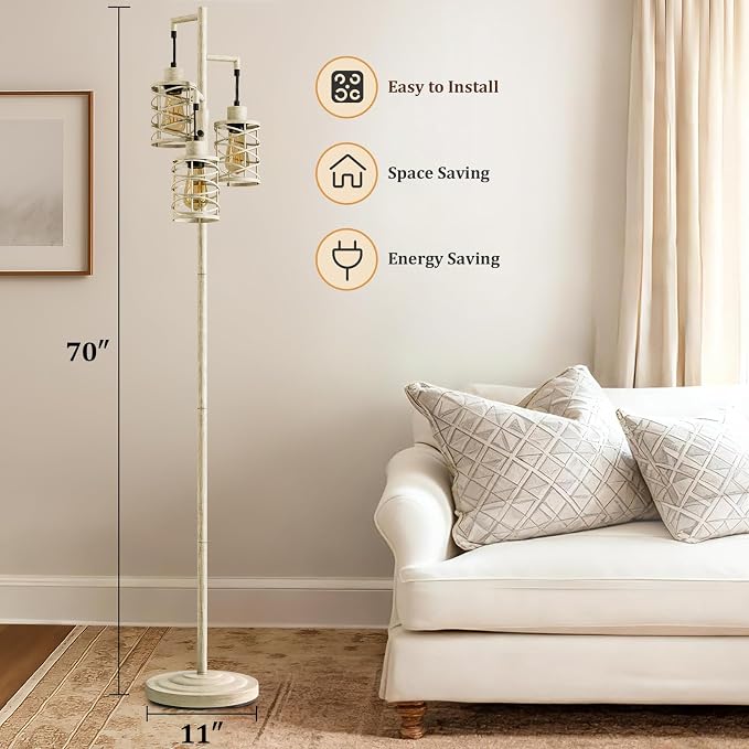70" Industrial Floor Lamp, Stepless Dimmable Standing Lamp with 3 Bulbs, Farmhouse Corner Standing Tree Lamp for Living Room, Tall Lamps for Bedroom, Office, Dining Room, Antique Beige White