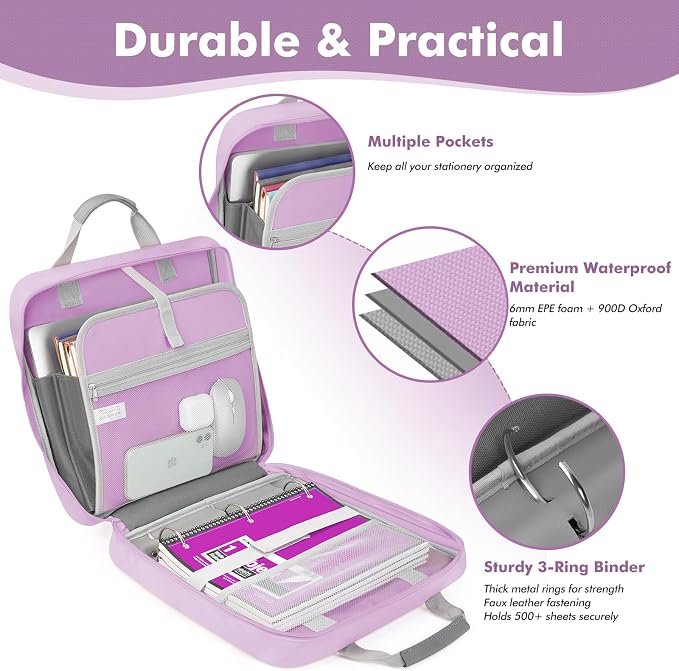 3-Ring Zipper Binder Organizer with Shoulder Strap, 2 Inch Binder | 500 Sheets Zip Up Binder Bag with Multiple Pockets & Storage, Laptop, Books Organizer for School Students and Teachers