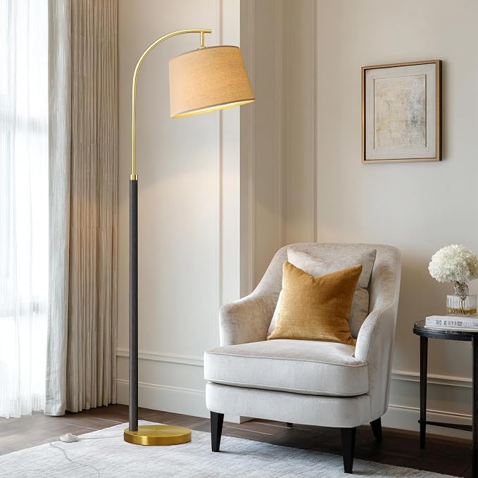 G-SAFAVA Real Wood Floor Lamps for Living Room Bedroom, 62.5" Mid Century Modern Lamp Gold Standing Tall Arc Lamps with Foot Switch, Floor Lamps for Nursery Office Decor Corner Reading Room Light