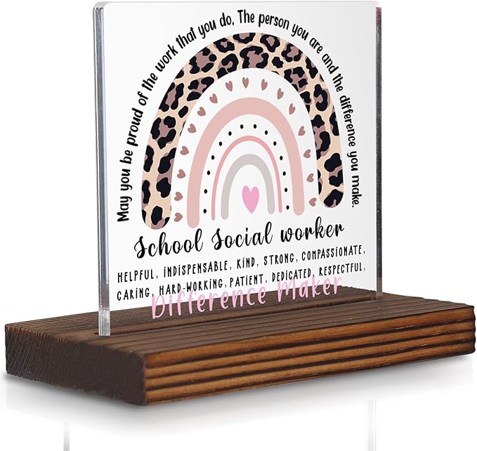School Social Worker Appreciation Gift Desk Decor, Leopard Rainbow Difference Maker Plaque for Counselors, Support Staff, and Mental Health Advocates PA077