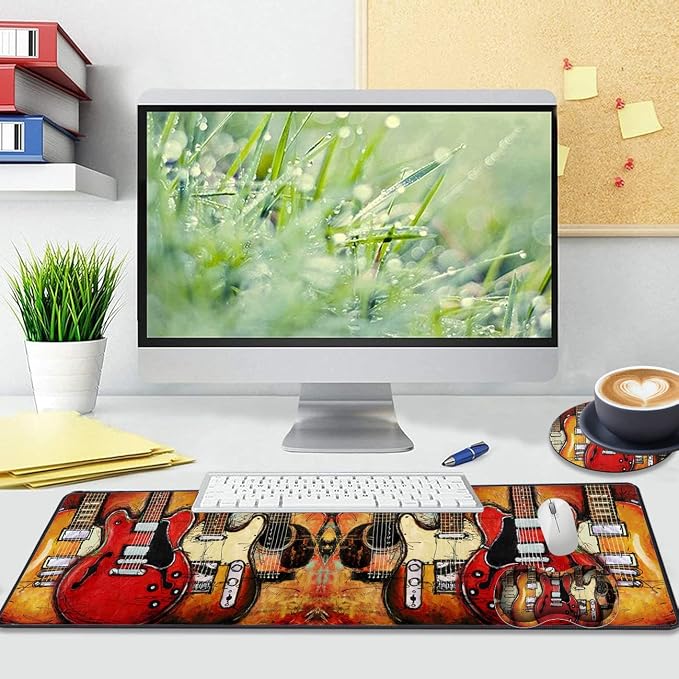 Extended Gaming Mouse Pad Desk Pad Keyboard Pad, Mouse Wrist Rest and Coaster, Anti-Slip Rubber Base Mouse Pad, Suitable for Gaming and Office, Guitar