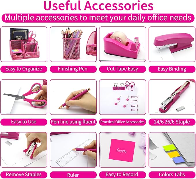 12Pcs Hot Pink Desk Organizers and Accessories Set for Office School Home | Office Supplies for Women Coworkers Students, Include Stapler, Pen Holder, Tape Holder, Scissors, Ruler, Staple Remover