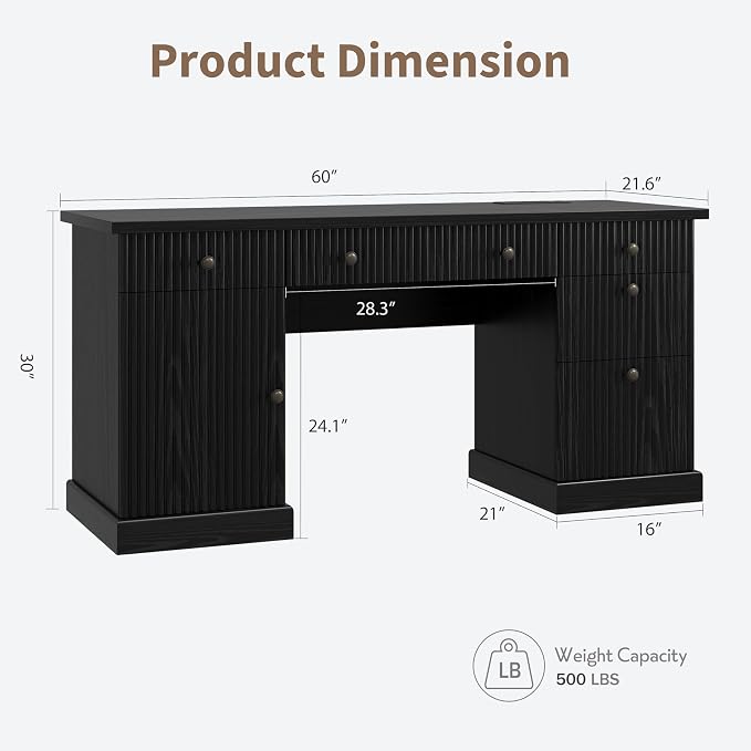 Garvee 60" Office Desk with Storage & Drawers for Home Office, Black | Fluted Wood Executive Desk with File Drawers & Charging Station, Modern Computer Desk with Adjustable Shelves