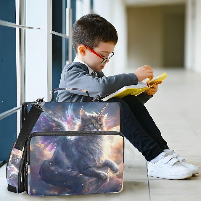 Unicorn Cat with Wings 3 Ring Binder Bag 1.5 inch Binder Organizer with Zipper Shoulder Strap 500 Sheet Documents Storage for School Office
