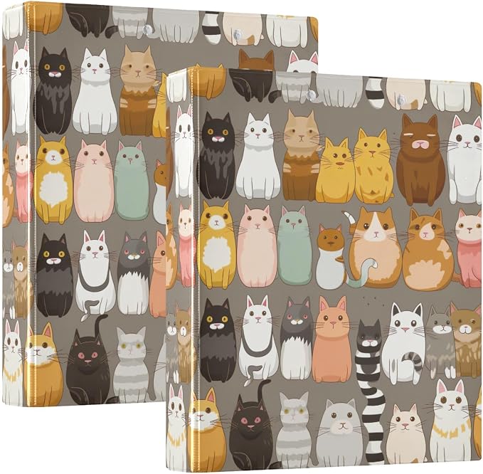 Cute Cats 1-1/2 Inch Binders 3 Ring, D Ring Binder with 3 Interior Pockets Decorative Cute Three Ring Binder for Work School Office, 2 Pack