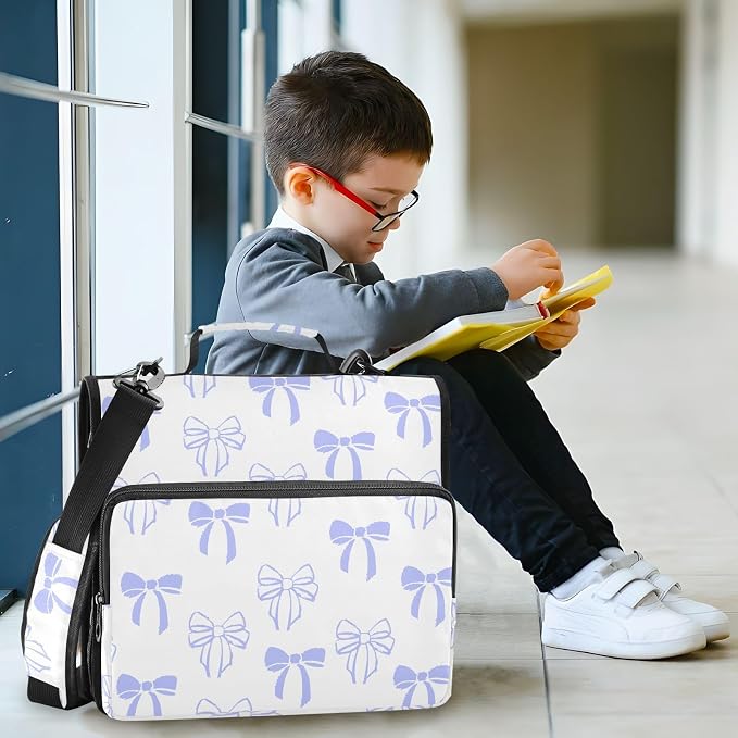 Bow Knot Purple Doodle Zipper Binder with Shoulder Strap Bag 3 Ring Binder Organizer Large Capacity Multiple Compartments for School Office