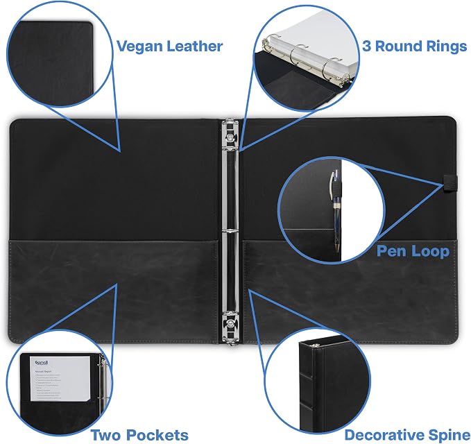 Samsill Vintage Leather 3 Ring Binder 0.5 Inch Round Ring (Holds 100 Sheets), 8.5 x 11 Inch Documents, Professional Organizer, Planner, Notebook, Black