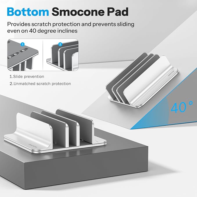 OMOTON 3-Slot Multiple Vertical Laptop Stand, Fits MacBook, Bright Silver | Adjustable Width 0-1.38", Aluminum Office Space-Saving for Desk, Fits MacBook/Book/iPad Up to 17.3in