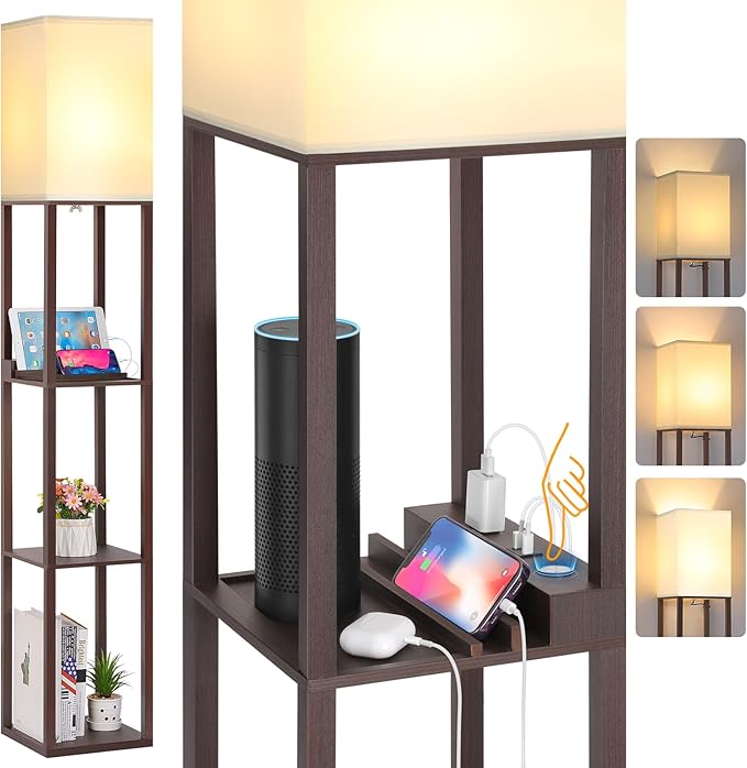 Floor Lamp with Shelves Touch Control Charging USB Type C Brown | 3-Tier Modern Square Bookshelf Lamp, Corner Standing Light with Power Outlet Dimmable LED for Living Room Bedroom Office