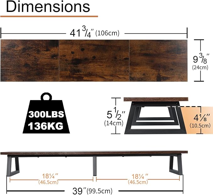 TEAMIX 42 inch Large Dual Monitor Stand Riser,TV Riser,Desk Shelf Organizer | Extra Long Computer Stand, Wood & Steel, Holds 300lbs, Keyboard/PS5/Soundbar Storage Underneath, For Home Office & Gaming