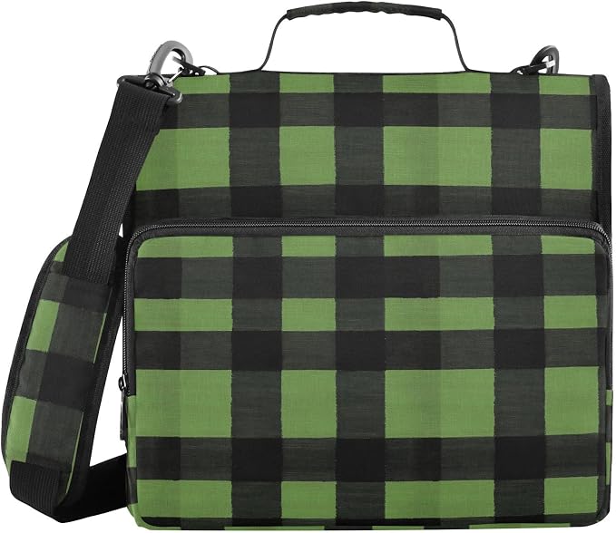 ALAZA Green Black Plaid Zipper Binder 1.5 inch 3 Ring Binder Organizer with Shoulder Strap and Handle for Home Office Work