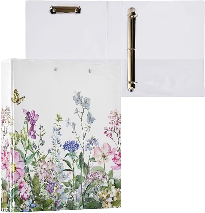 3 Ring Binder, Spring Wild Flowers Butterfly File Folder Holds 200 Sheets File Storage for Women Men School Office Supplie