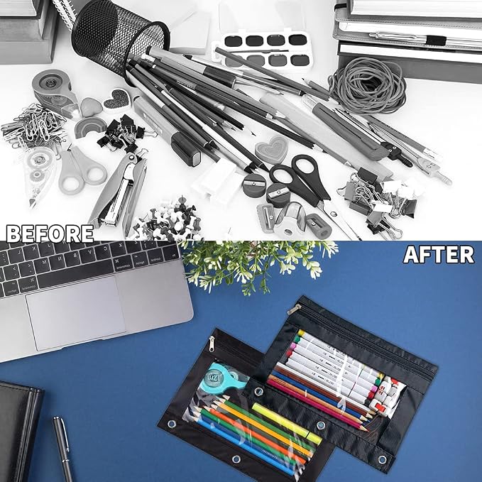 YoeeJob 60 Pack Zipper Pencil Pouch for 3 Ring Binder with Clear Window for School and Office Supplies (Black)