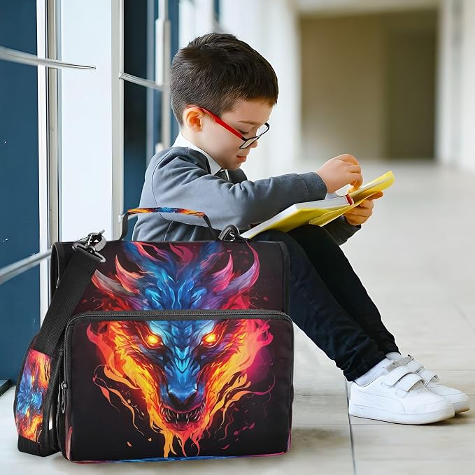 Dragon Fire Black Print Zipper Binder Bag 3 Ring with Shoulder Strap & Handle Multi Pocket Binder Organizer Bag Large Capacity for School Office Supplies