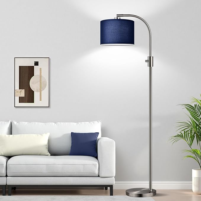 Nintiue Upgraded Modern Arc Dimmable Tall Standing Floor Lamp with Blue Shade, 1200 Lumens LED Bulb Included, for Living & Reading Room, Bedroom, Office & Nursery, Brushed Nickel
