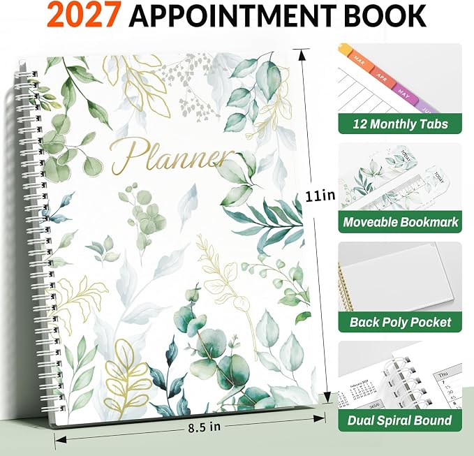 SUNEE 2027 Appointment Book, Quarter-Hourly, Weekly Monthly Planner, 8.5"x11",Eucalyptus