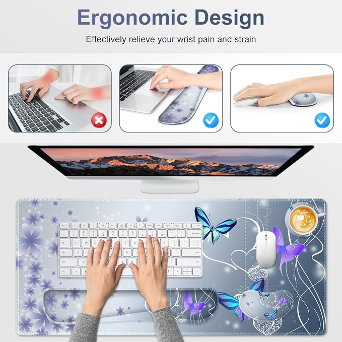 Cute Butterfly Desk Mat, Florals 4 in1 Large Gaming Mouse Pad Set, Ergonomics Keyboard Pad with Memory Foam Wrist Rest, Extended Game Mousepad Non-Slip Desk Protector Matt Easy Typing Pain Relief