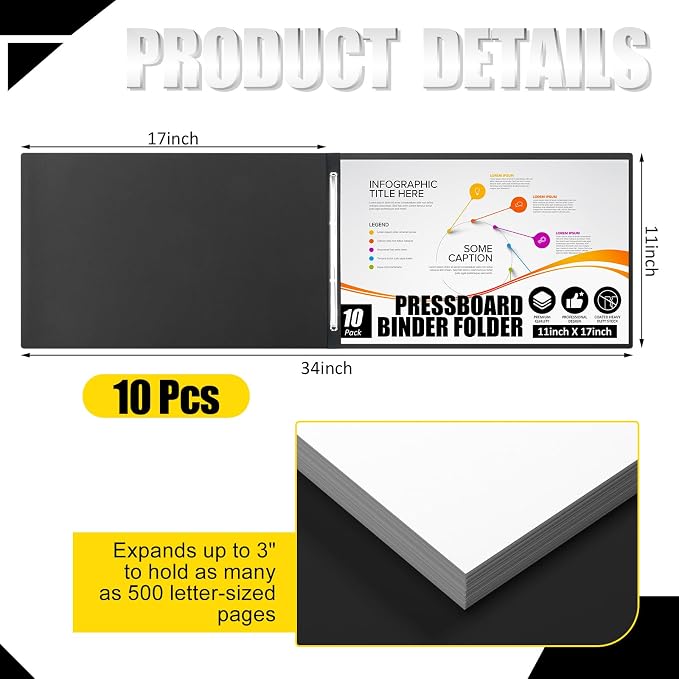Resurhang 10 Pcs 11x17 Inch Pressboard Report Cover, 3" Capacity Presentation Binder Folder with Metal Prong Paper Fastener to Neatly Bind Reports Proposals Transcripts, Other Documents (Black)