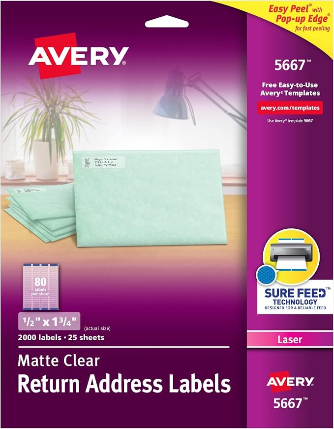 Avery Printable Return Address Labels with Sure Feed, 0.5" x 1.75", Matte Clear, 2,000 Blank Mailing Labels (05667) (Pack of 5)