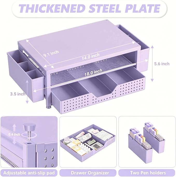 Desk Organizers and Accessories, Computer Monitor Stand Riser with Drawer and 2 Pen Holders, Printer & Laptop Stand, Office Desk Accessories & Workspace Organizers for Home Office Supplies, Purple