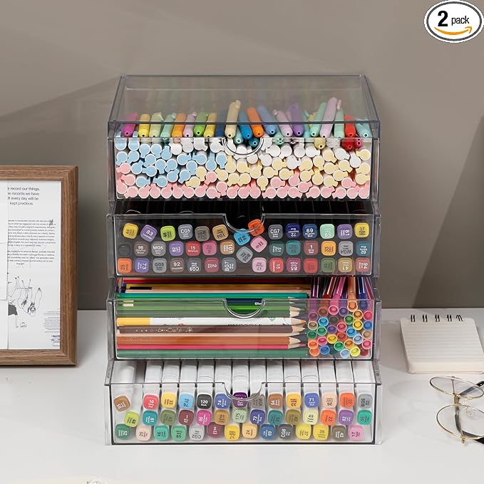 Clear Plastic Drawer Organizer, 4 Drawers | Stackable Desk Organizers and Accessories, For Home Office Supplies, Marker Pen, Notebooks, Art Crafts