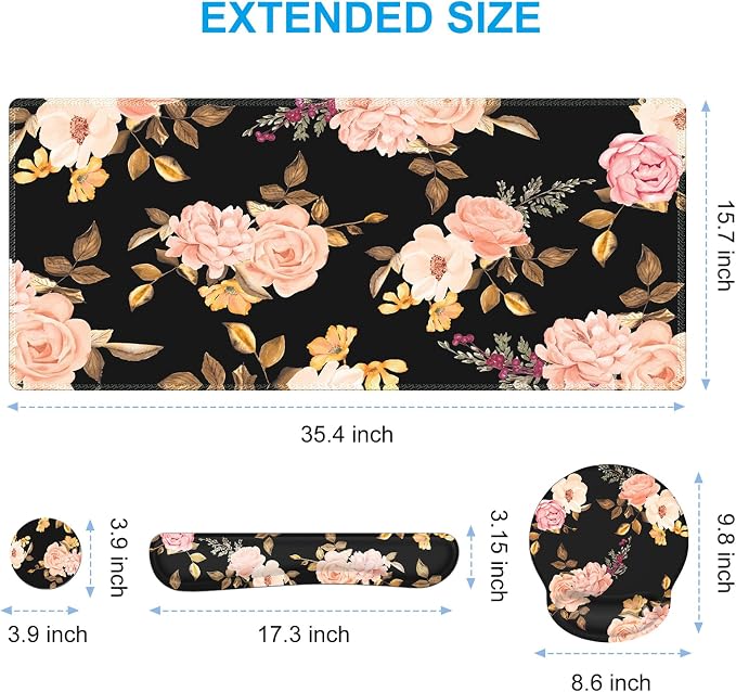 iCasso Floral 4in1 Computer Mat, 35.4"x15.7" Work Mat for Computer | Retro Ergonomic Desk Pad Including Keyboard Wrist Rest, Mousepad Set for Teacher Cubicle Office Computer Setup