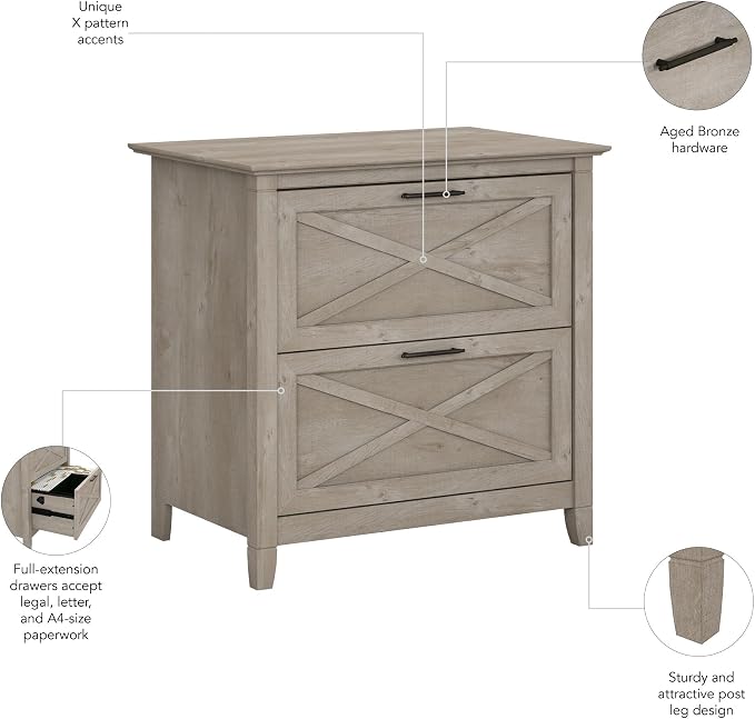 Bush Home Key West 2 Drawer Lateral File Cabinet in Washed Gray, Document Storage for Home Office, Accent Chest with Drawers